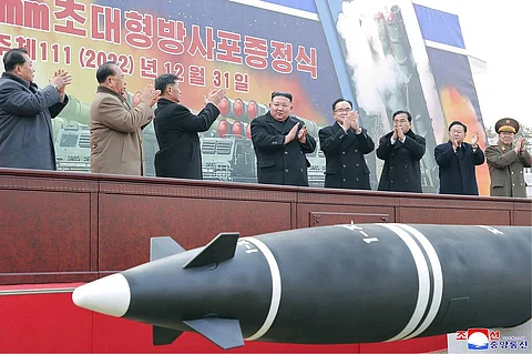 North Korean leader Kim Jong Un, attends a ceremony of donating a 600mm super-large multiple-launch rocket system in Pyongyang, Dec. 31, 2022. (Photo | AP)
