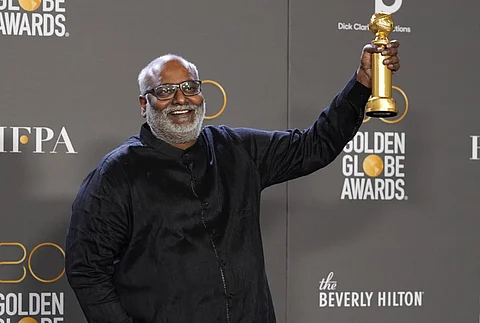 MM Keeravani accepted the Best Original Song award for 'Naatu Naatu' from 'RRR' during the 80th Annual Golden Globe Awards. (Photo | AP)