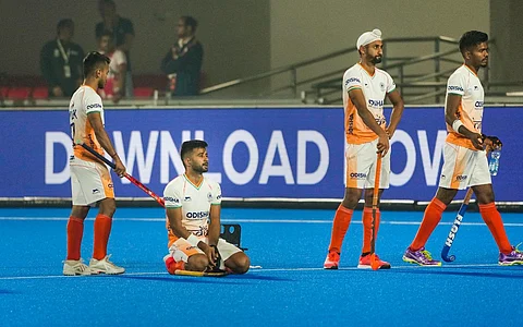 Indian players react after losing against New Zealand, in the 2023 Men's FIH Hockey World Cup match, in Bhubaneswar, Sunday, Jan. 22, 2023. (Photo | PTI)