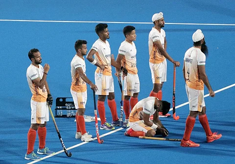 Indian players react after losing against New Zealand, in the 2023 Men's FIH Hockey World Cup match, in Bhubaneswar, Sunday, Jan. 22, 2023. (Photo|Shamim Qureshy, EPS)