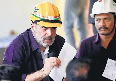 AICC leader Rahul Gandhi interacts with Singareni coal mine workers at Peddapalli as part of the Congress’ campaign, Oct, 2023.