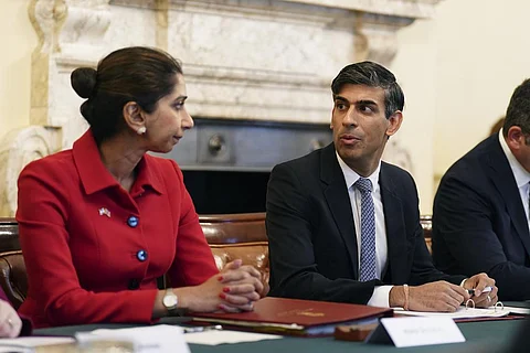 FILE PHOTO | Britain's Home Secretary Suella Braverman listens to Britain's Prime Minister Rishi Sunak as he hosts a policing roundtable at 10 Downing Street, London, on Oct. 12, 2023. (AP)