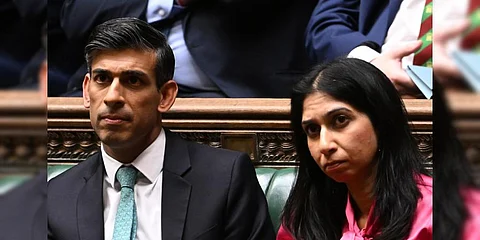 A file photo of Britain's Prime Minister Rishi Sunak (L) sitting next to Suella Braverman at the House of Commons, in London. (Photo | AFP)
