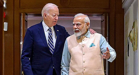 Prime Minister Narendra Modi with US President Joe Biden, in New Delhi. (Photo | PTI)