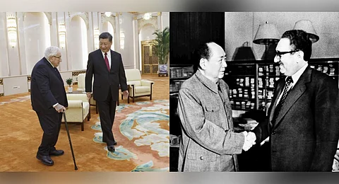 FILE - A collage of former US Secretary of State Henry Kissinger meeting with - (L) Chinese President Xi Jinping in 2018; and with Chairman Mao Zedong in 1973. (Photo | AP)