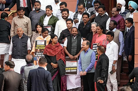 Congress MP Sonia Gandhi with suspended MPs during the Winter session of Parliament in New Delhi.