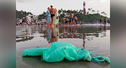Accumulated plastic waste at Light House Beach at Kovalam, a popular hub for New Year’s Eve celebrations | B P Deepu