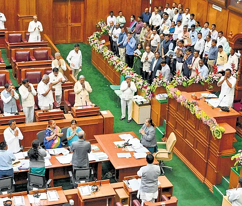 Assembly Speaker UT Khader greets the members in the Assembly Hall on Monday
