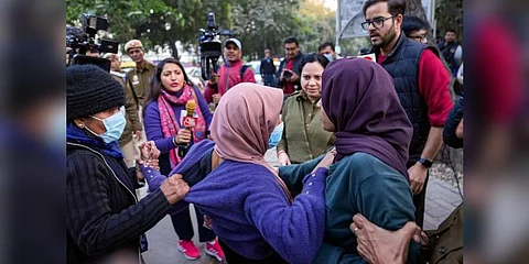 Police detain members of Bhim Army Student Federation for planning to screen the BBC documentary 'India: The Modi Question', outside Delhi University Arts Faculty on Jan 27, 2023. (Photo| PTI)