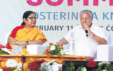 Chief Minister Pinarayi Vijayan interacts with students at the Professional Students’ Summit in Angamaly on Saturday. Higher Education Minister R Bindu looks on | Express