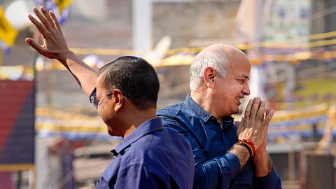 Delhi Chief Minister Arvind Kejriwal and former Deputy Chief Minister Manish Sisodia during a public meeting in the national capital.