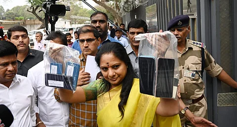 BRS leader K Kavitha poses in front of the Enforcement Directorate office in New Delhi on Tuesday, March 21. 2023. (Photo | Shekhar | Yadav, EPS)