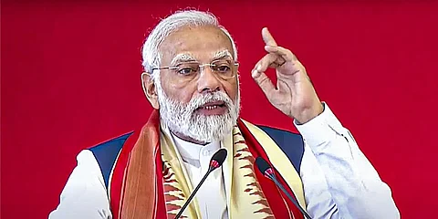 Prime Minister Narendra Modi speaks at an event in Karnataka's Chikkaballapur, on Saturday, March 25, 2023. (Photo | PTI)