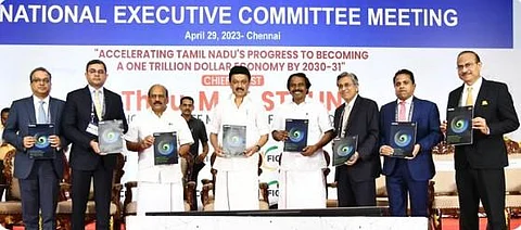 Chief Minister M K Stalin at the national executive meeting of FICCI. (Photo | Twitter)