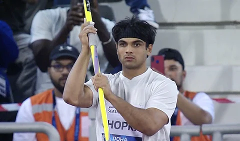 Indian Javelin thrower Neeraj Chopra competes in Diamond League 2023, in Doha, Qatar. (Photo | PTI)