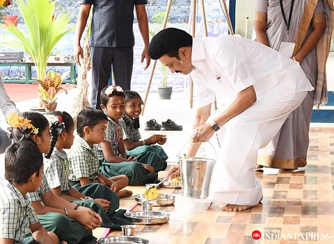 Tamil Nadu CM MK Stalin inaugurating the expansion of breakfast scheme at Panchayat Union Middle school in Thirukkuvalai