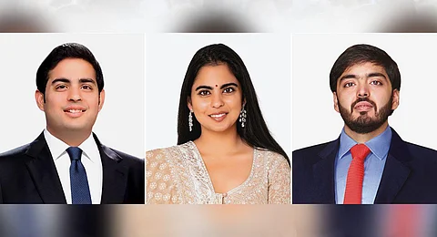 Reliance Industries Chairman Mukesh Ambani and Nita Ambani's children, (L to R) Akash, Isha and Anant Ambani. (Photo | PTI)