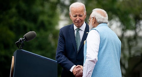 FILE - Prime Minister Narendra Modi shakes hands with US President Joe Biden during a welcome ceremony at the White House in Washington, DC, on June 22, 2023. (Photo | AFP)