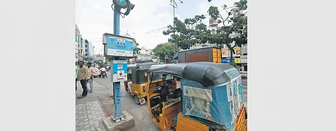 A pelican signal placed near Yashoda Hospital in Somajiguda. (Photo | Vinay Madapu)