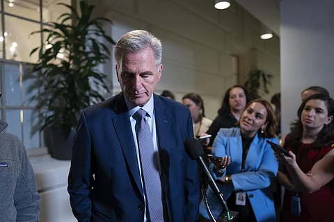 Speaker of the House Kevin McCarthy, R-Calif., briefs reporters following a closed-door Republican Conference meeting on how to agree on a path to funding the government. (Photo | AP)