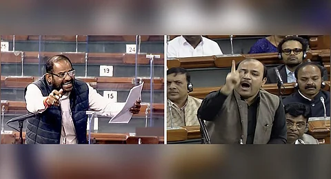 FILE - BJP MP Ramesh Bidhuri (L) and BSP MP Kunwar Danish Ali during a session in the Lok Sabha, in New Delhi. (Photo | PTI)