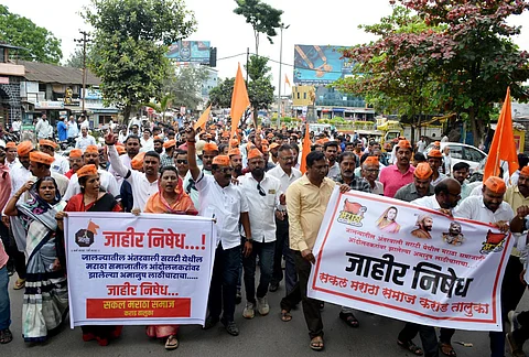 Maratha Kranti Morcha members stage a protest against Jalna administration over lathicharge on protestors demanding Maratha reservation, in Karad, on Sept 2, 2023. (PTI)