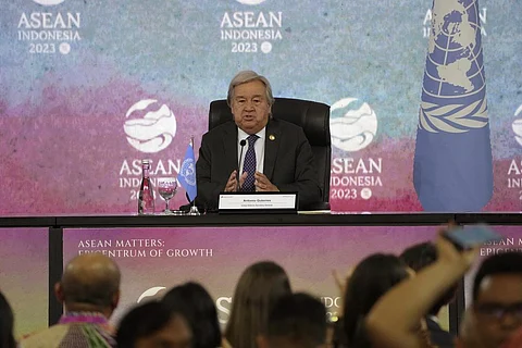UN Secretary-General Antonio Guterres speaks to the media during a press conference on the sidelines of the ASEAN Summit in Jakarta, Indonesia, Thursday, Sept. 7, 2023. (Photo | AP)