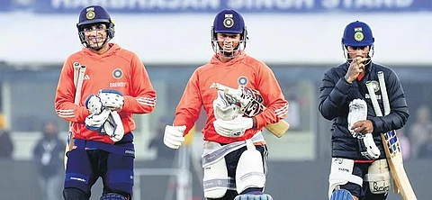 Shubman Gill (L), Yashasvi Jaiswal (C) and Tilak Varma during a training session in Mohali on Wednesday. (Photo | PTI)