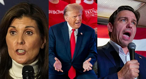 Republican presidential candidates Nikki Haley, Donald Trump and Ron Desantis speak at campaign events in Iowa. | AP