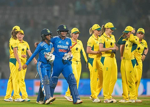 India's batters Shafali Verma and Jemimah Rodrigues after India won the T20I match against Australia at DY Patil stadium in Navi Mumbai (Photo | PTI)