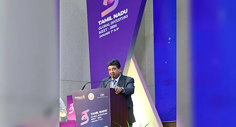 Minister Palanivel Thiaga Rajan speaking at the meet | P Ravikumar