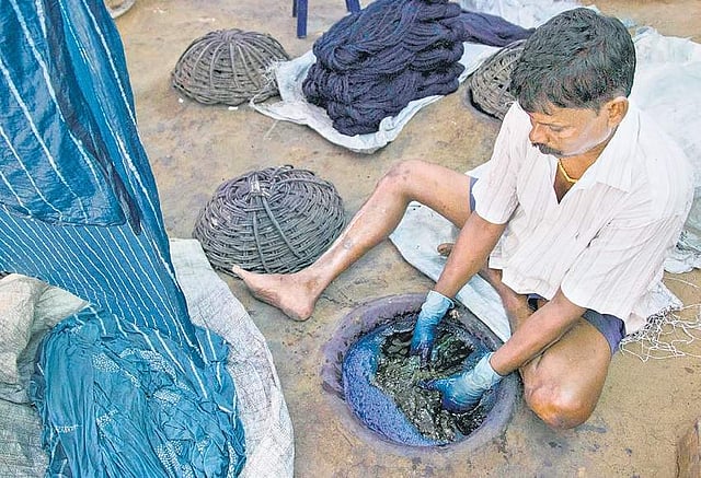 A worker prepares to dye clothes at Colours of Nature; (inset) Balachander and son Albalagan, who cultivate and export Indigo, at Tindivanam | G PATTABIRAMAN