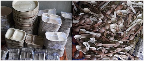 सुपारीच्या वाळलेल्या पानांपासून द्रोण, पत्रावळ्या व चमचे