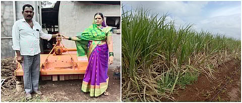 ऊस पाचटाची कुट्टी करणाऱ्या यंत्रासमवेत कोल्हे दांपत्य.