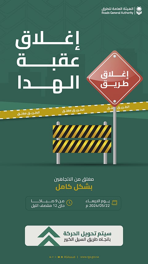 إغلاق طريق عقبة الهدا وتحويل الحركة المرورية باتجاه طريق السيل الكبير بدءًا من الغد