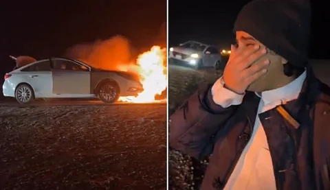 شاهد.. رد فعل مواطن بعد احتراق سيارته ونجاته من الموت على طريق الرياض الدمام