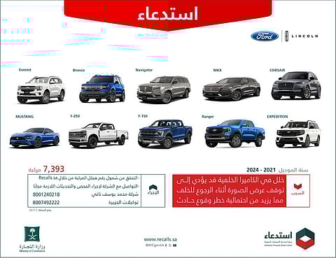 «التجارة» تستدعي أكثر من 7 آلاف مركبة «فورد» و«لينكون» لخلل في الكاميرا الخلفية