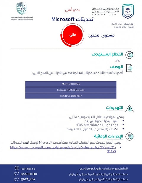«الأمن السيبراني» يعمم تحذيرًا أمنيًا عالي الخطورة لمستخدمي «Microsoft»