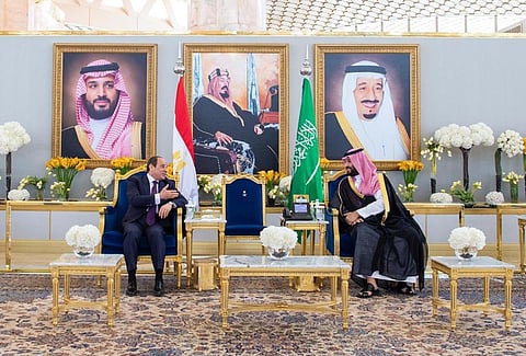 Egypt's president Abdel Fattah Al-Sisi (L) and Saudi Crown Prince Mohamed bin Salman (R) during a meeting at Saudi capital Riyadh on Tuesday, 8 March 2022.