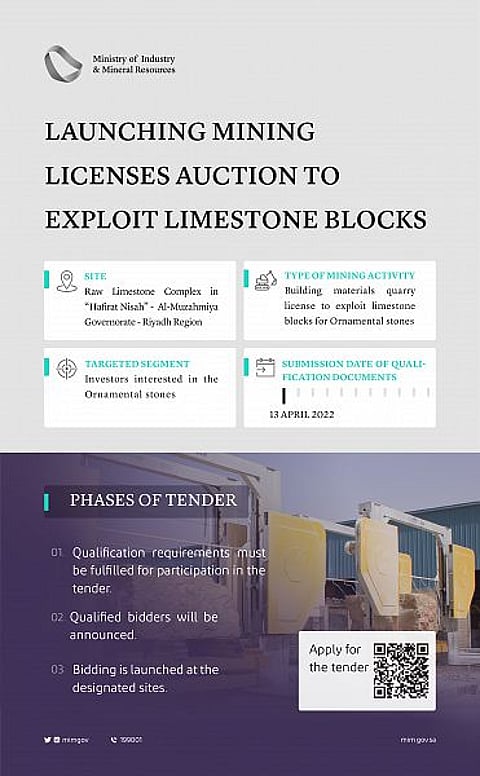 Ministry of Industry and Mineral Resources Holds Auction for 13 Mining Licenses in Hufairat Nisah Limestone Blocks Complex, Riyadh