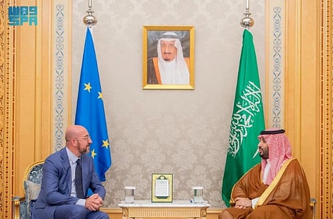 His Royal Highness Prince Mohammed bin Salman bin Abdulaziz Al Saud, Crown Prince and Prime Minister of the Kingdom of Saudi Arabia, met here today with European Council President Charles Michel