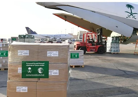 The ninth relief plane of the Saudi air bridge, operated by the King Salman Humanitarian Aid and Relief Center (KSrelief)