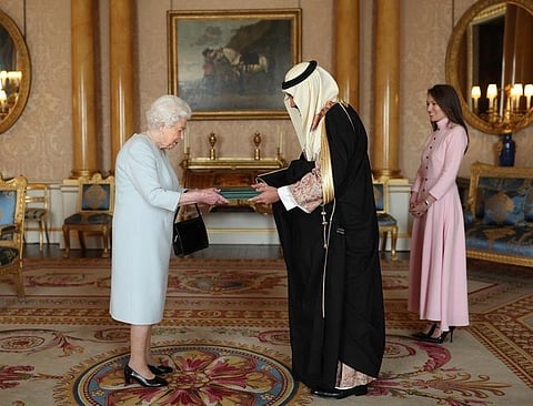Prince Khalid bin Bandar bin Sultan with Queen Elizabeth II at Buckingham Palace in London