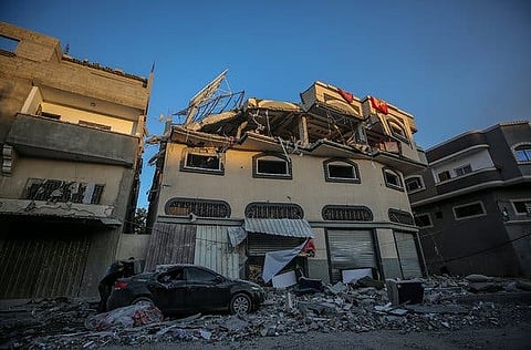 The home of the Palestinian Islamic Jihad senior commander Baha Abu al-Ata after it was hit by an Israeli strike in Gaza City on Tuesday.