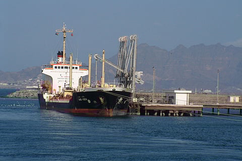 A ship is seen docked in port of Hudaydah, Yemen