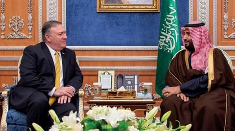 The Saudi Crown Prince and the US Secretary of State during a meeting.