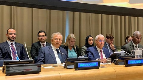 Saudi Arabia’s official representative for the 2020 G20 summit, State Minister Fahd bin Abdullah al-Mubarak (R), during the briefing in New York (SPA).