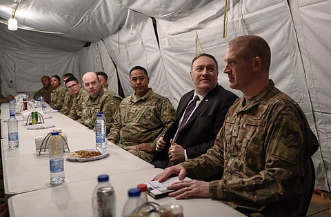 US Secretary of State Mike Pompeo shares lunch at the mess with members of the military as he visits the Prince Sultan air base in Al-Kharj, Saudi Arabia on February 20, 2020.