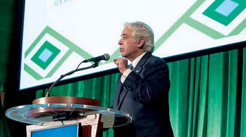 Saudi Minister of Commerce Majed Al-Qasabi speaks at the US and Saudi Business Leaders Forum, Asharq Al-Awsat