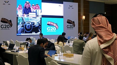 Journalists sit in the media center during the meeting of G20 finance ministers and central bank governors in Riyadh, Saudi Arabia, February 22, 2020